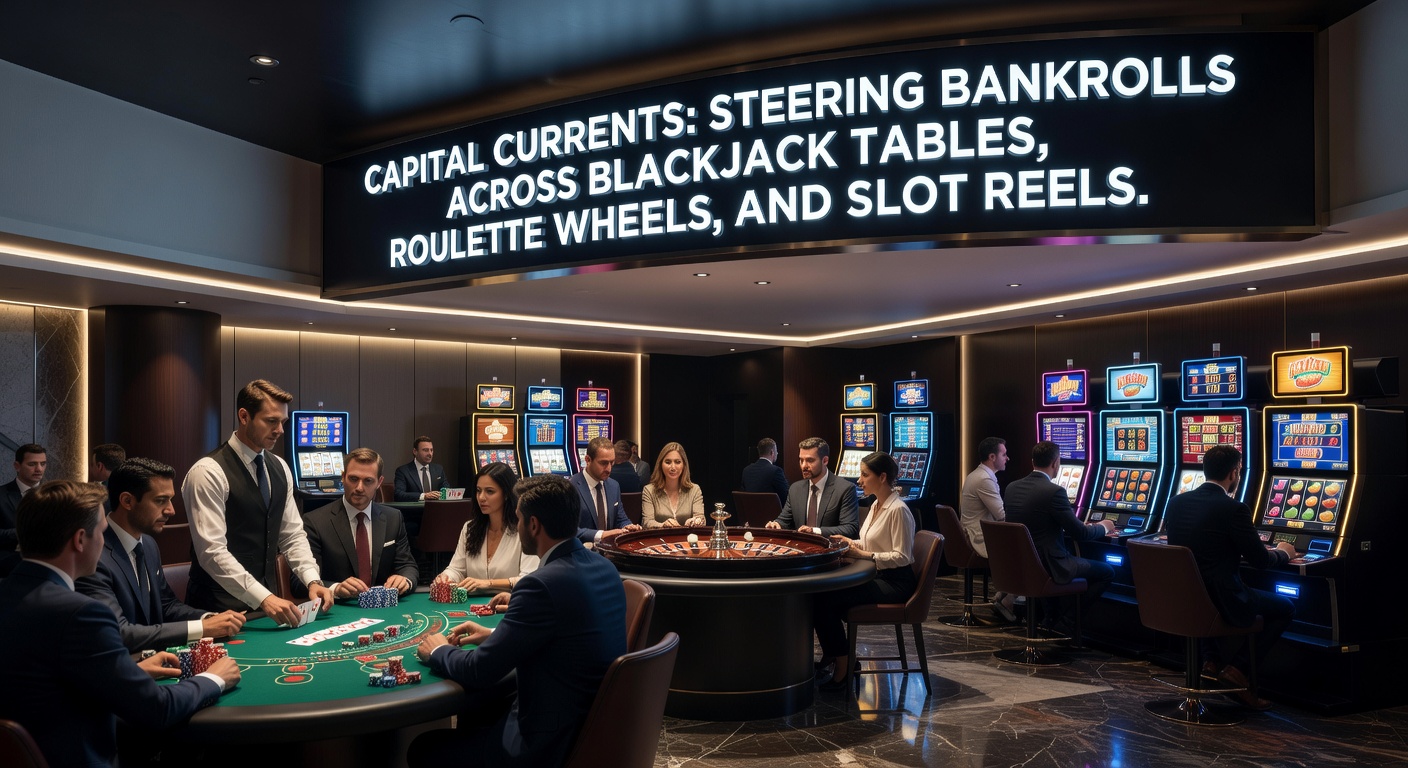 Close-up of chips stacked on a blackjack table next to a spinning roulette wheel and glowing slot reels in a dynamic casino montage