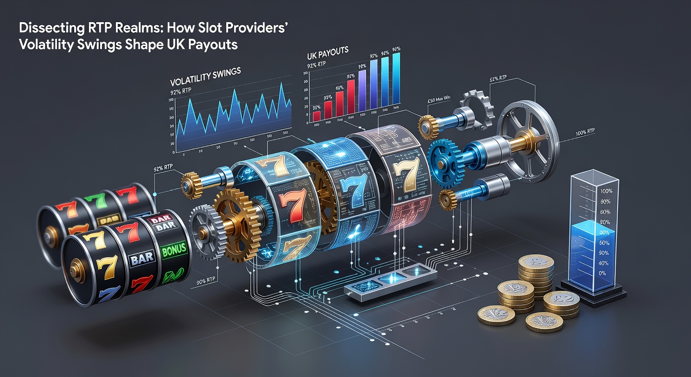 Infographic comparing low, medium, and high-volatility slot payout patterns, with UK-specific data on provider averages as of early 2026