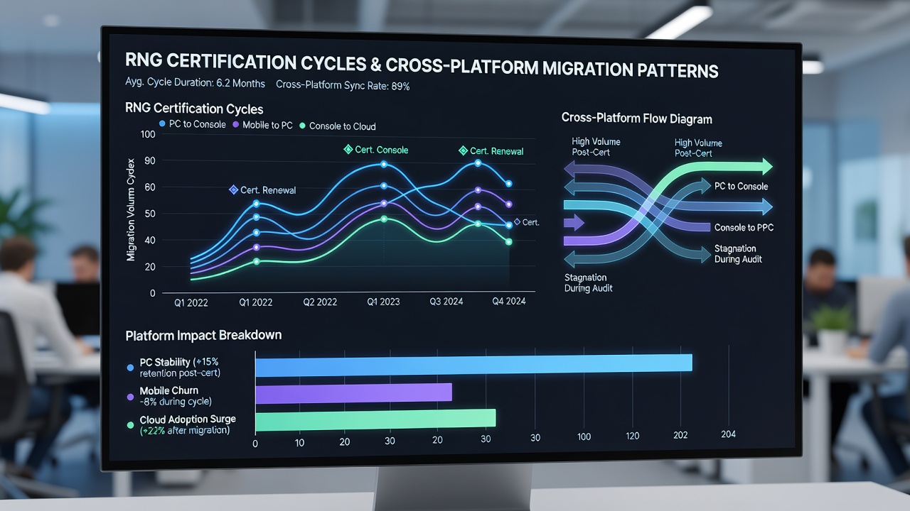 Chart displaying migration frequency of certified slot titles between desktop and mobile environments over 18 months