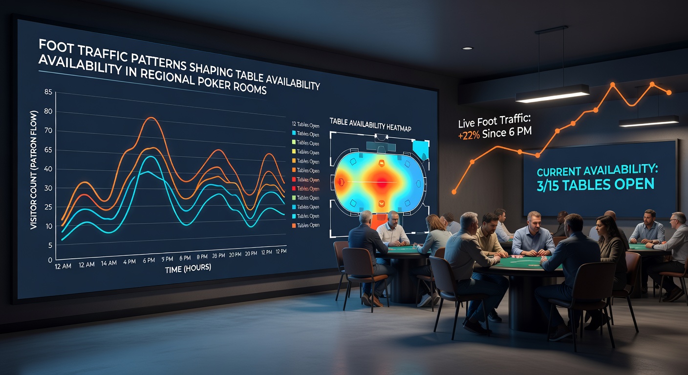Overhead view of poker tables showing occupied and available seats during moderate traffic periods