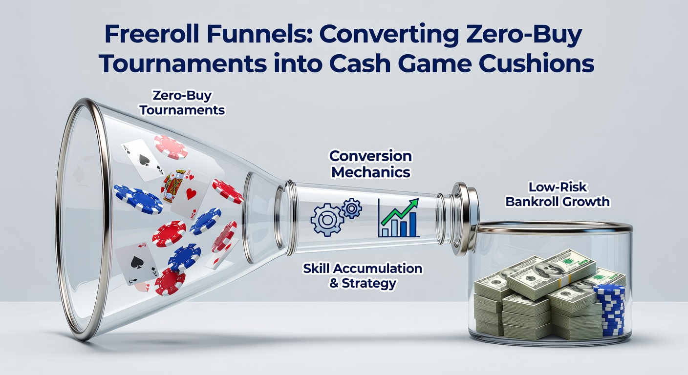 A player's dashboard showing freeroll winnings transferred to cash game tables, with rising chip stacks and strategy notes overlaid