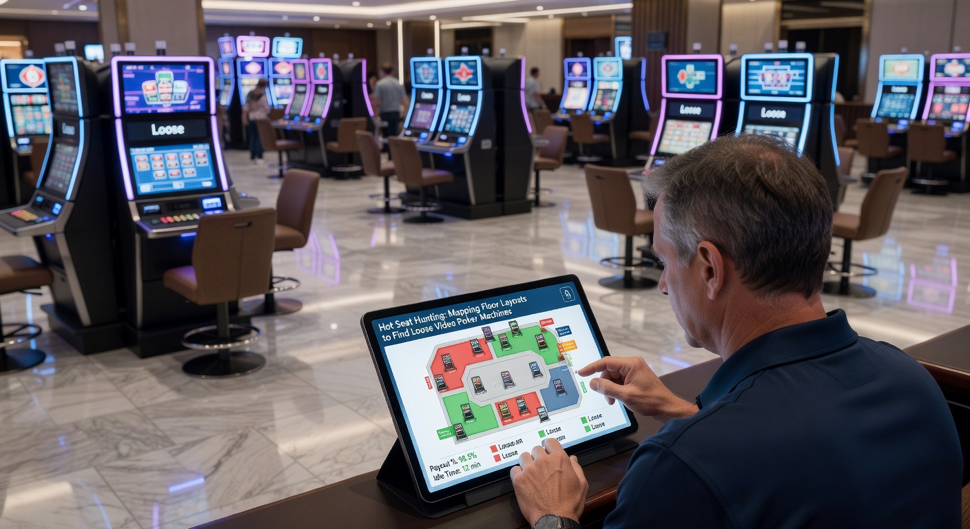 Detailed hand-drawn casino floor diagram with color-coded video poker machines indicating loose and tight payback zones