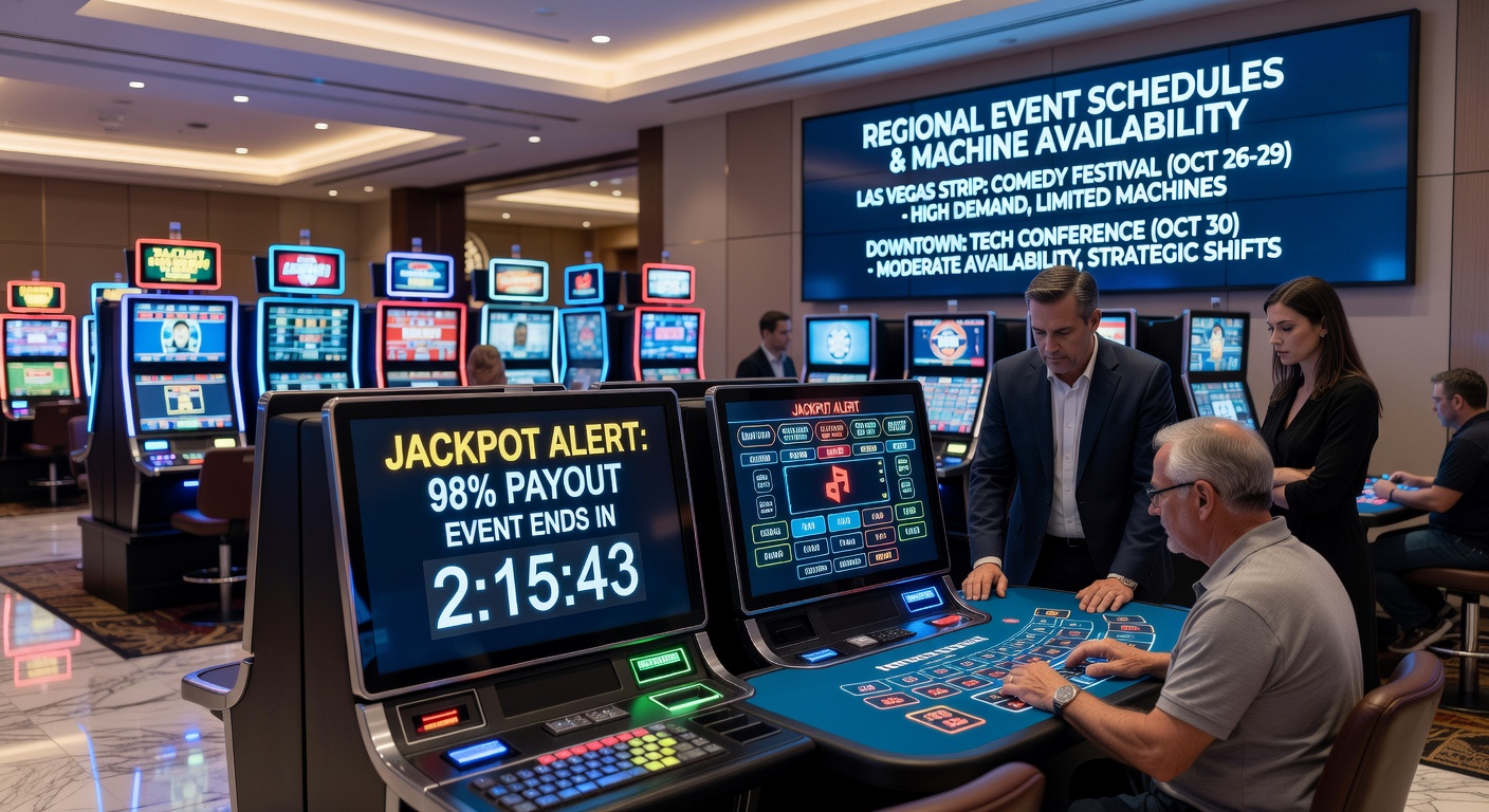 Players reviewing event schedules while selecting video poker terminals in a busy regional casino