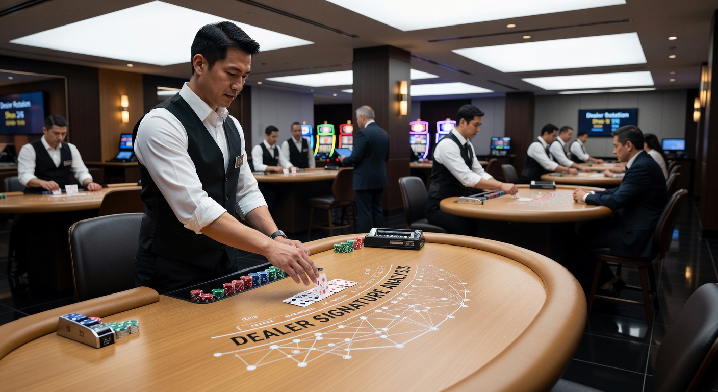 Overhead view of multiple blackjack tables in a casino pit showing dealers at work