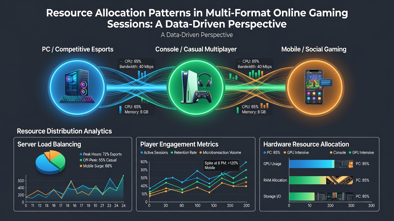 Charts displaying player resource allocation trends and session data from multi-format gaming platforms
