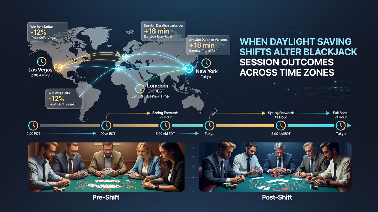 Global map highlighting time zone boundaries with blackjack chip markers at key international hubs